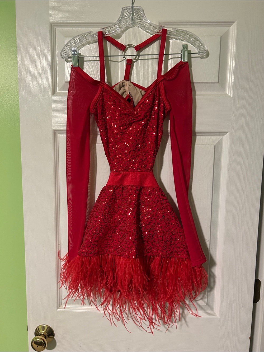 Weissman Red Sequin Feather Mini Dress